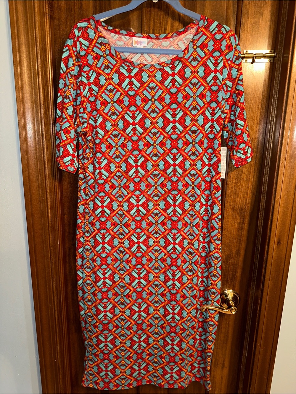 LuLaRoe Julia Red & Turquoise Geometric Midi Dress NWT